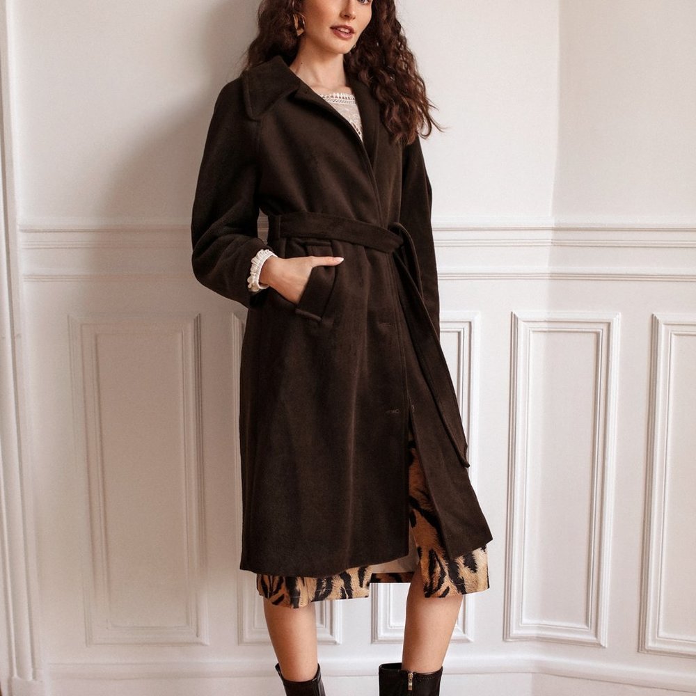 New Frenchy Slant Pockets Raglan Sleeve Belted Tweed Overcoat Chocolate Brown
